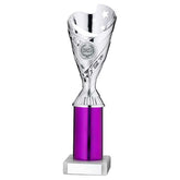 SILVER/PURPLE PLASTIC 'SABRE' CUP ASSEMBLED ON MARBLE (1in CEN) - 10in
